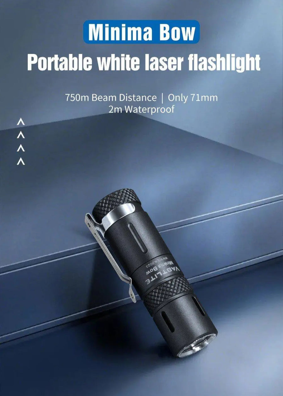 Vastlite Minima Bow portable white laser flashlight on a blue background