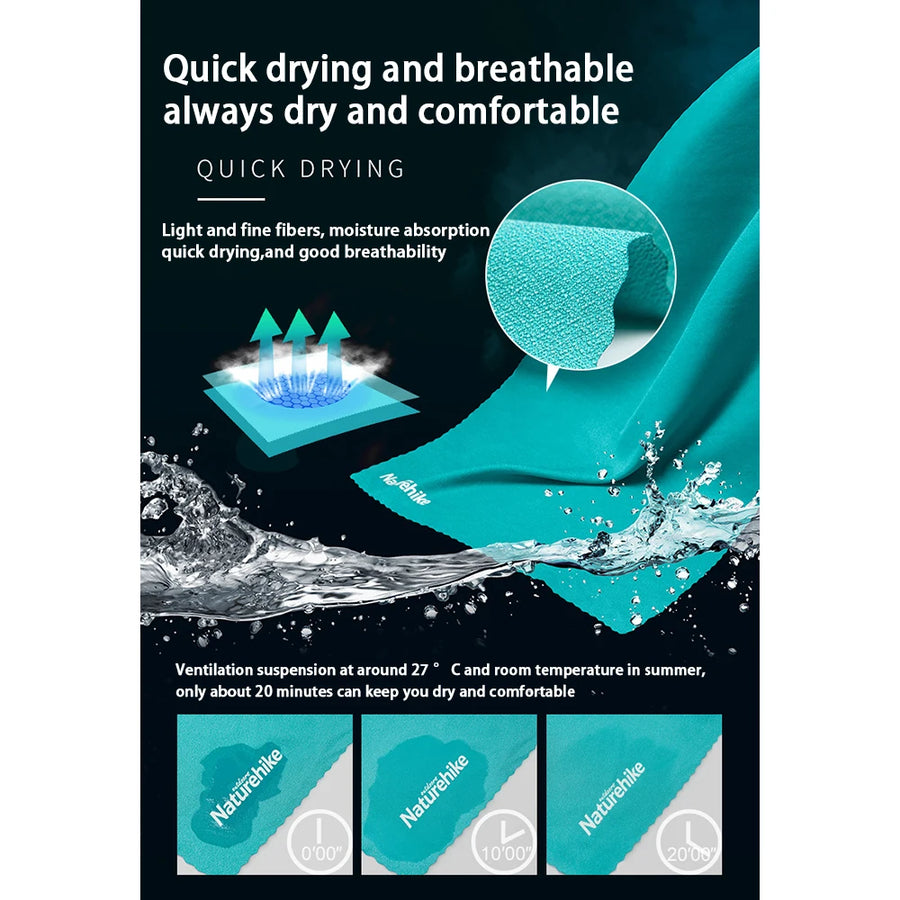 Advertisement for quick-drying and breathable fabric with water droplet and wave graphics.