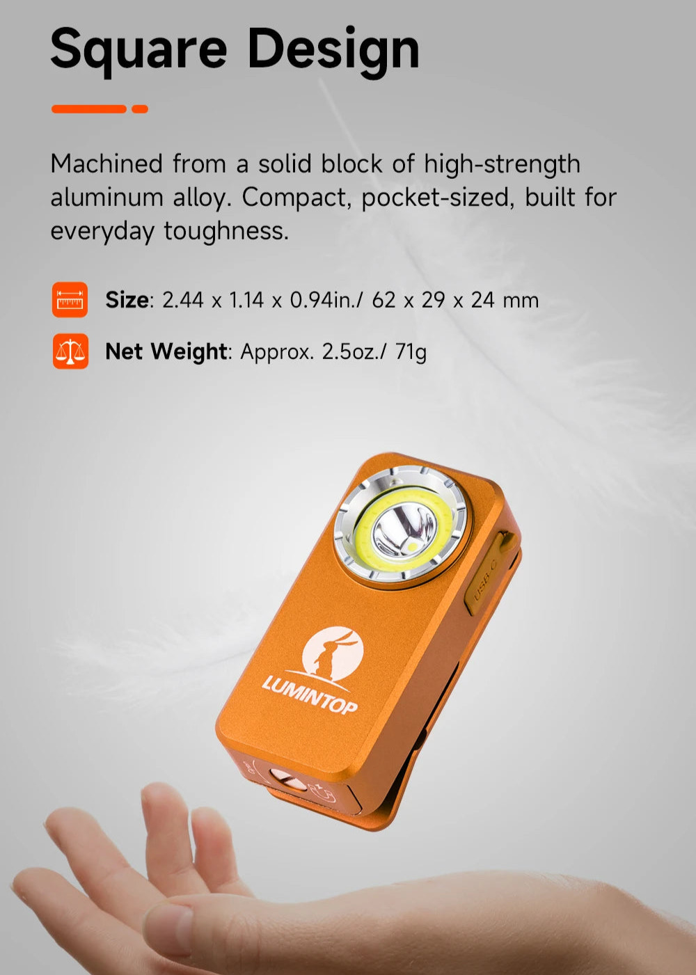Orange square-shaped tool held in a hand with product details on a gray background