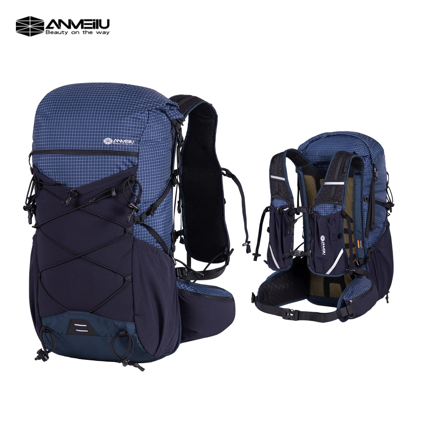 Blue and black backpack with visible Anmeilu branding on a white background