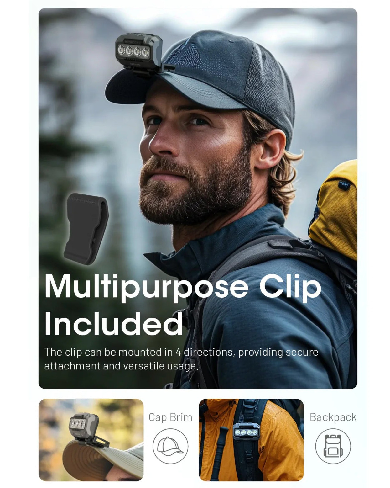 Man wearing a cap with a light attached, featuring text about a multipurpose clip.