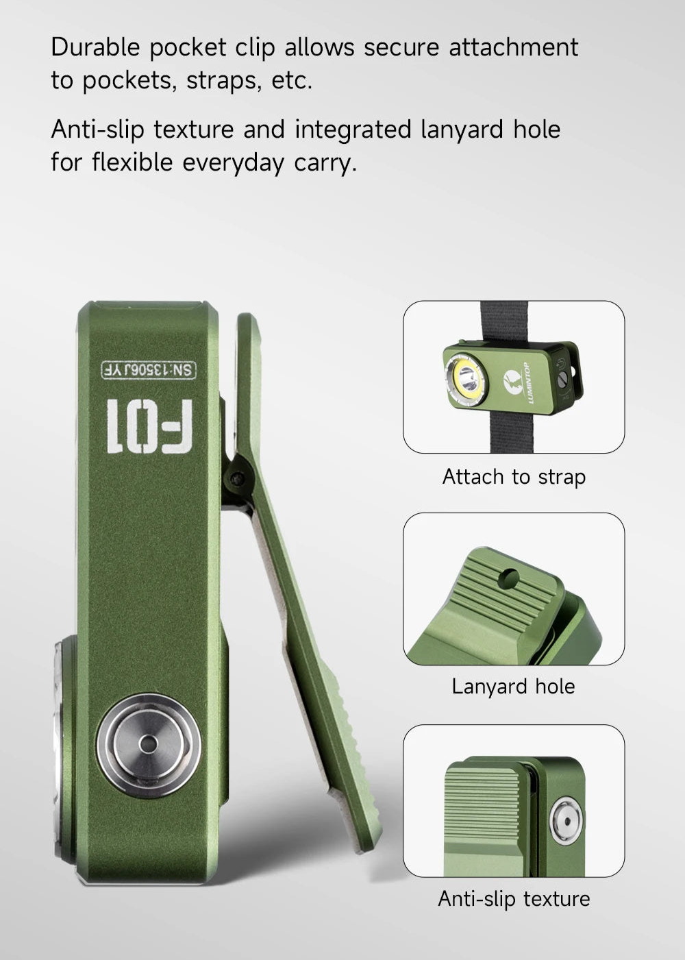 Green pocket clip with text and icons on a white background