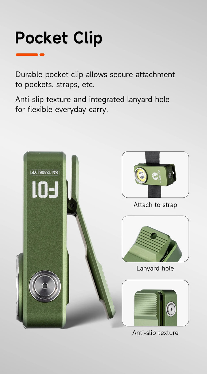 Green pocket clip with text and icons on a white background