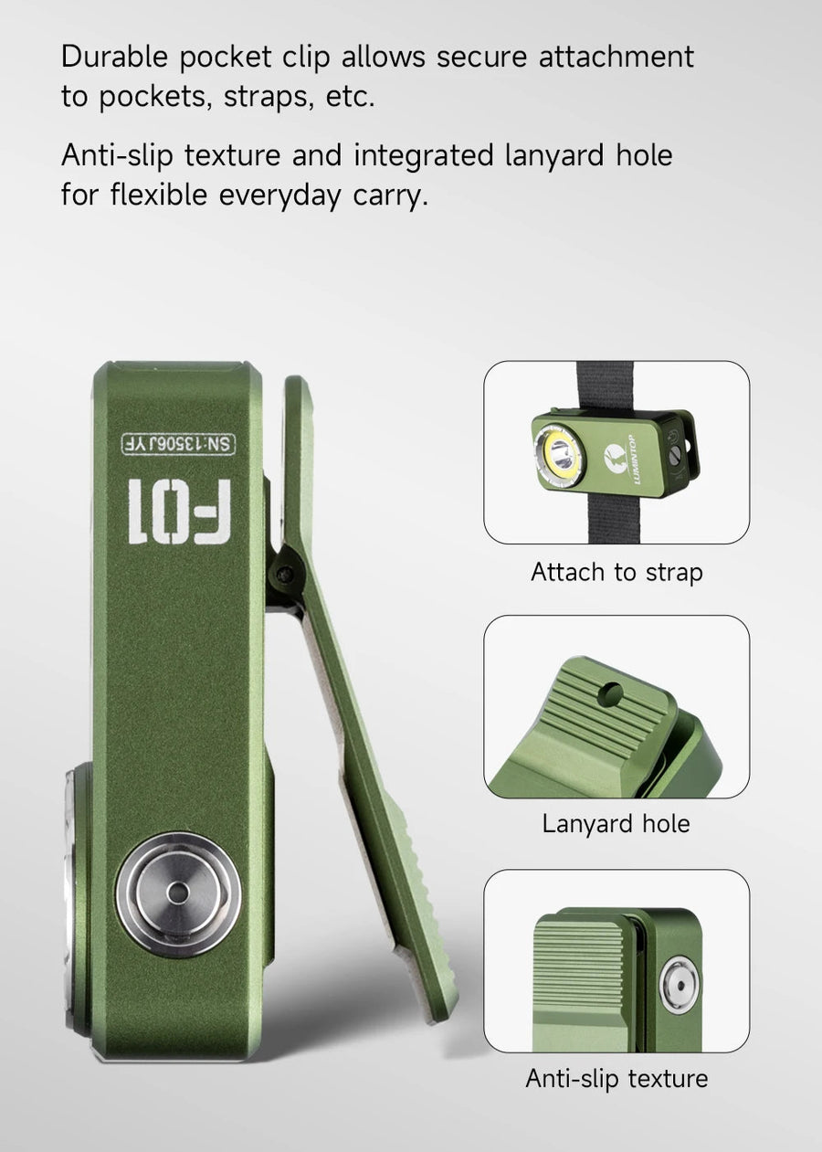 Green pocket clip with text and icons on a white background