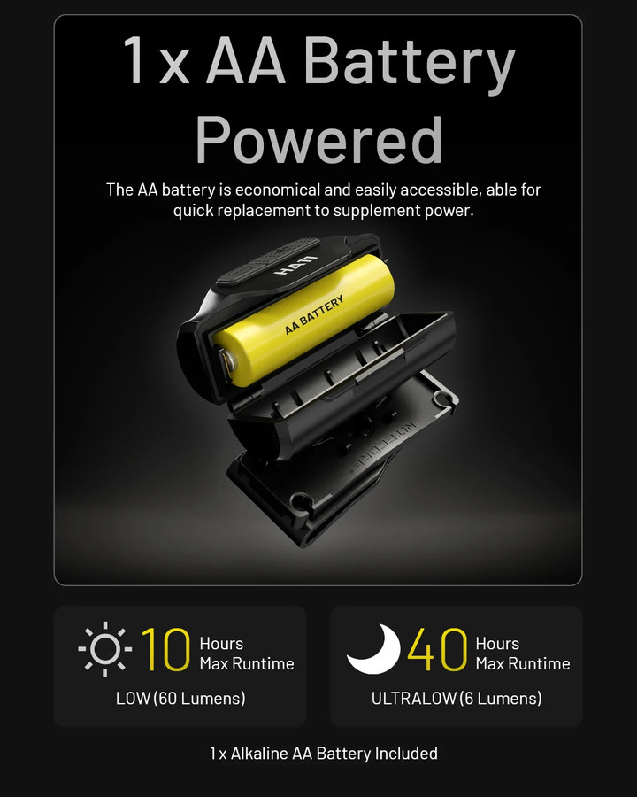 AA battery-powered device with battery compartment and runtime information on a dark background