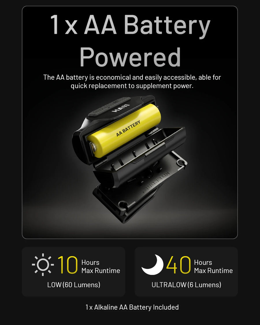 AA battery-powered device with battery compartment and runtime information on a dark background