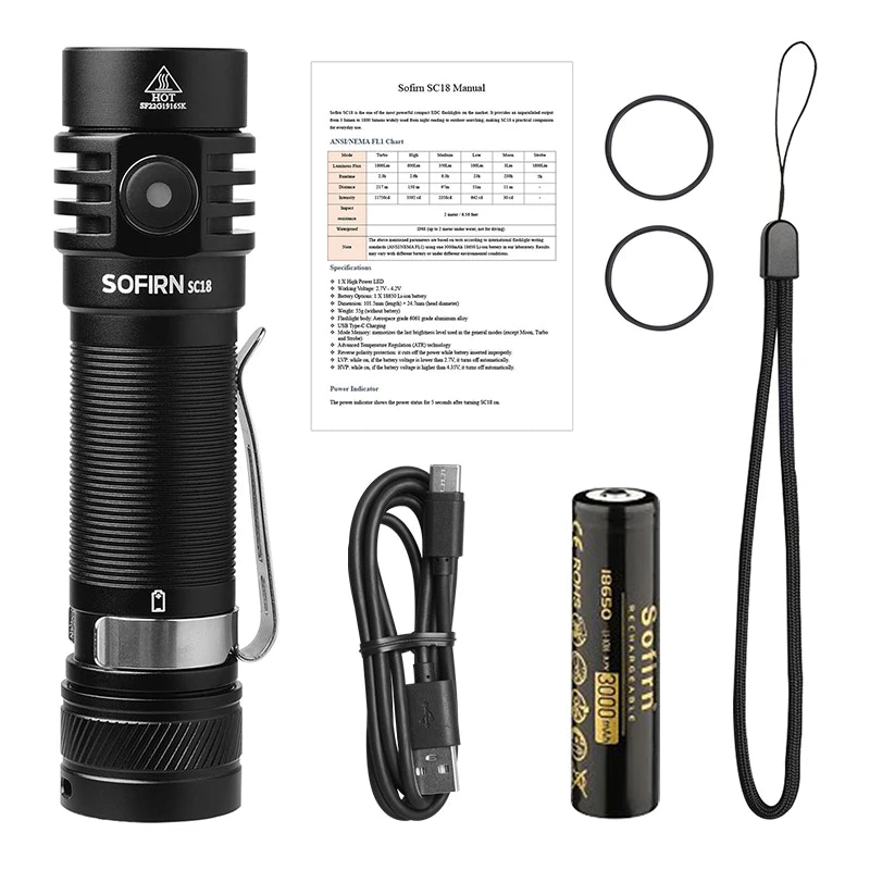 SOFIRN SC18 flashlight with battery, cable, and manual on a white background