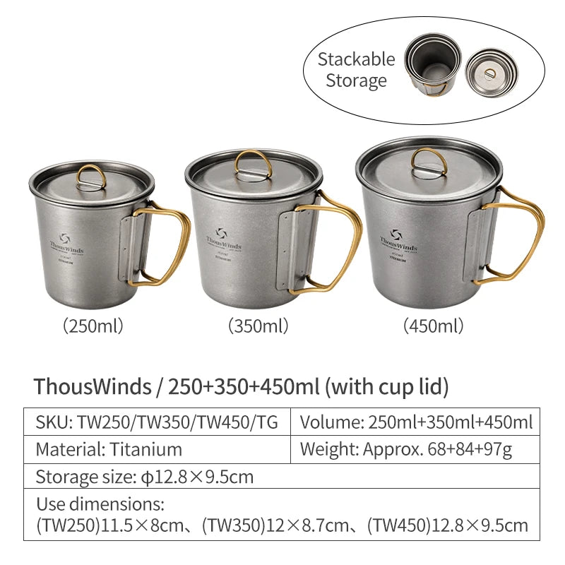 Three stackable titanium mugs with lids in different capacities on a white background.