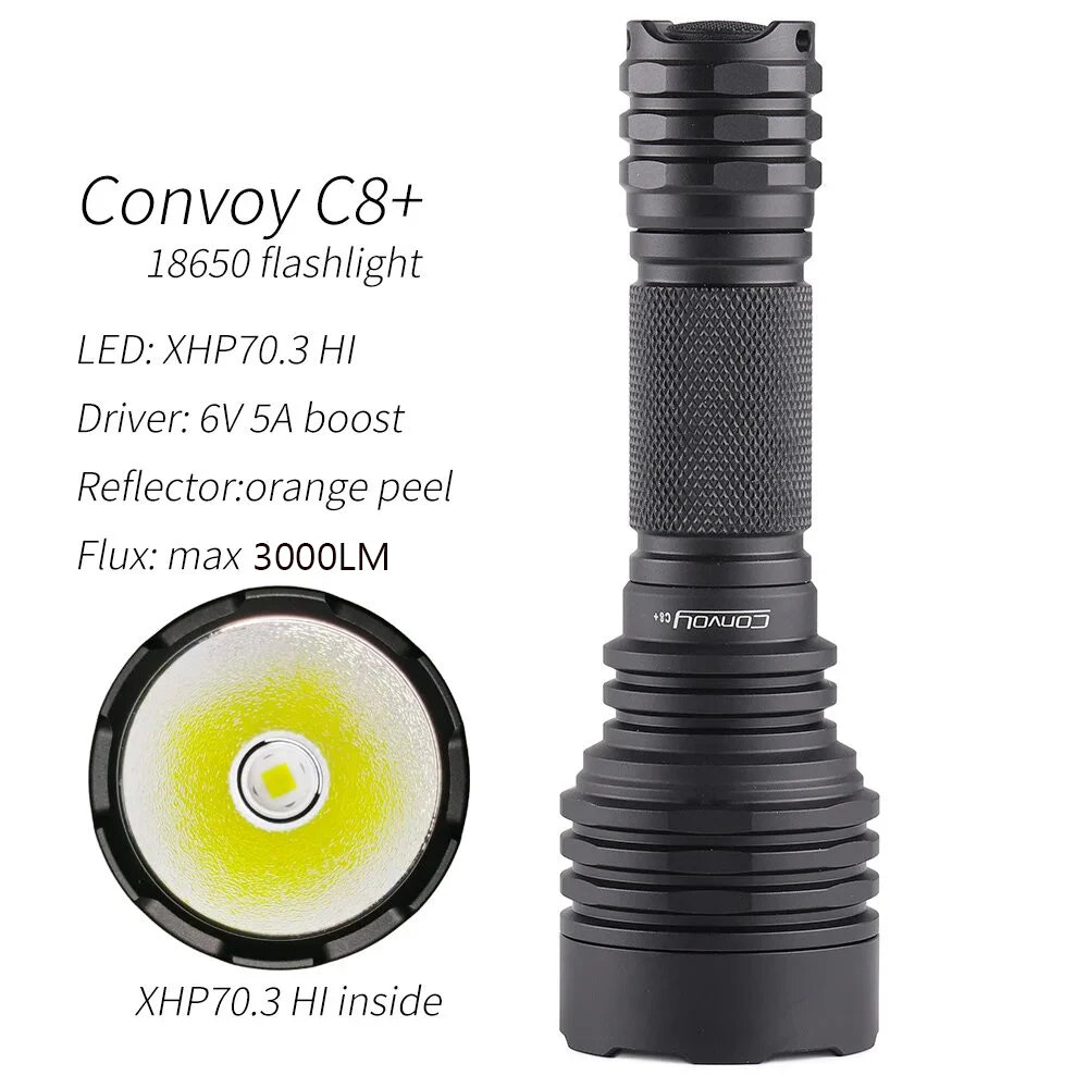Convoy C8+ flashlight with specifications on a white background