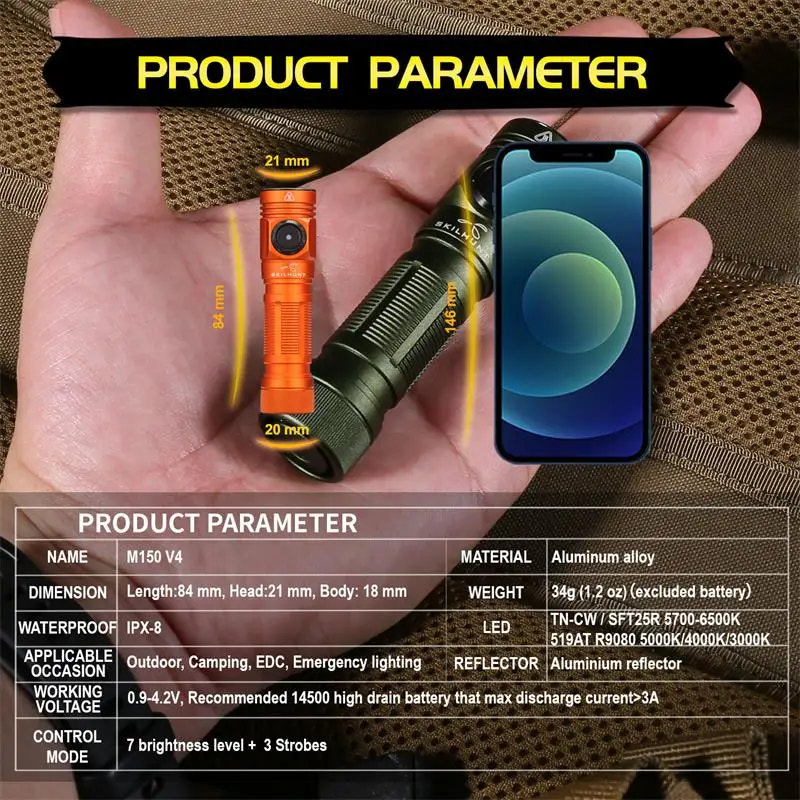 Hand holding a flashlight and phone with product parameter details on a brown textured background