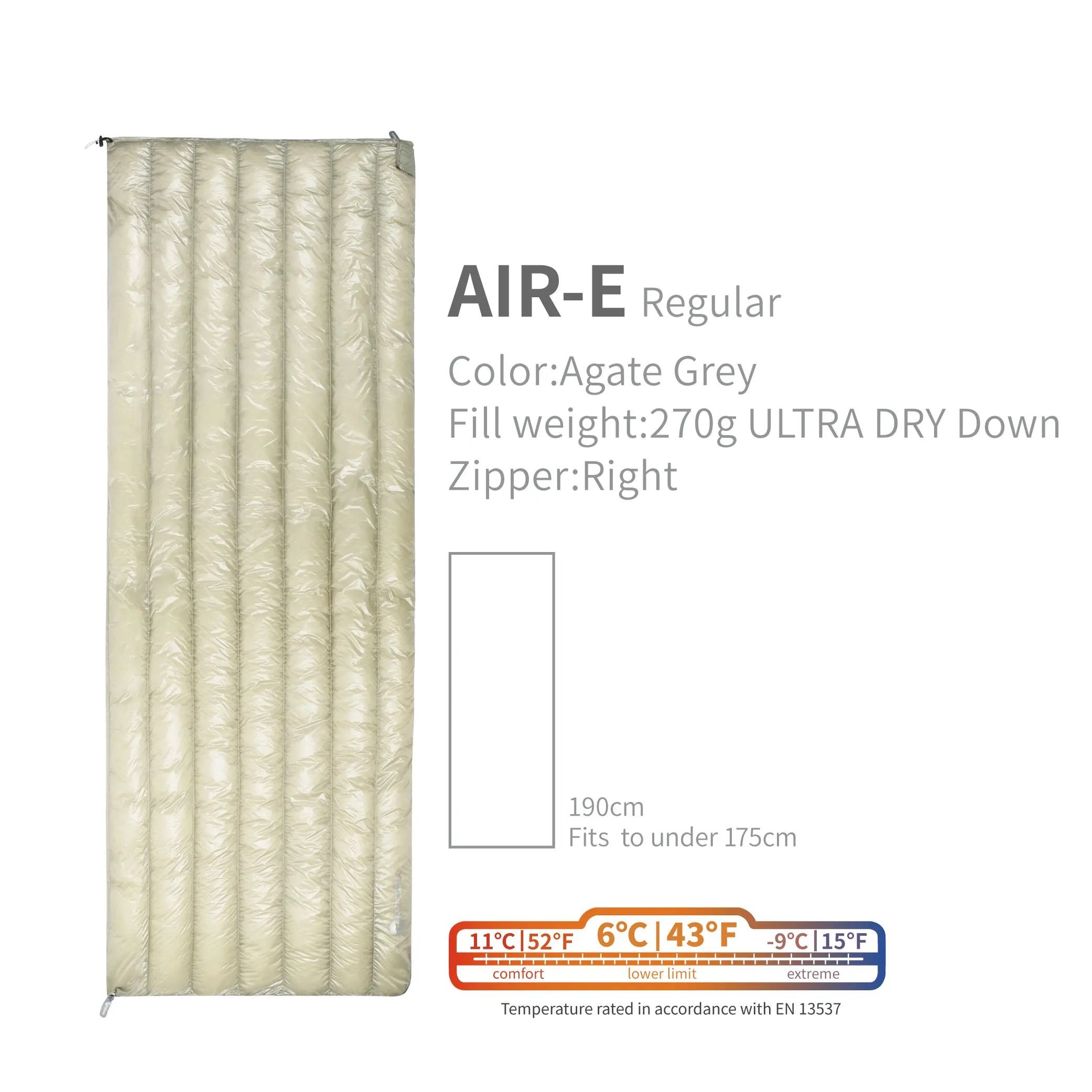 Air-E regular sleeping bag with specifications on a white background