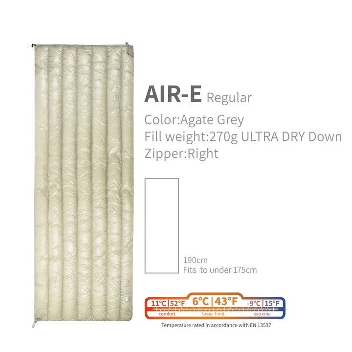 Air-E regular sleeping bag with specifications on a white background