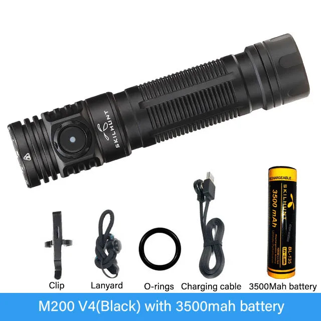 Black flashlight with accessories on a white background