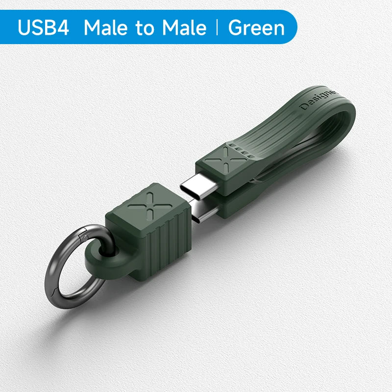 Green USB4 male to male cable with keychain on a white background