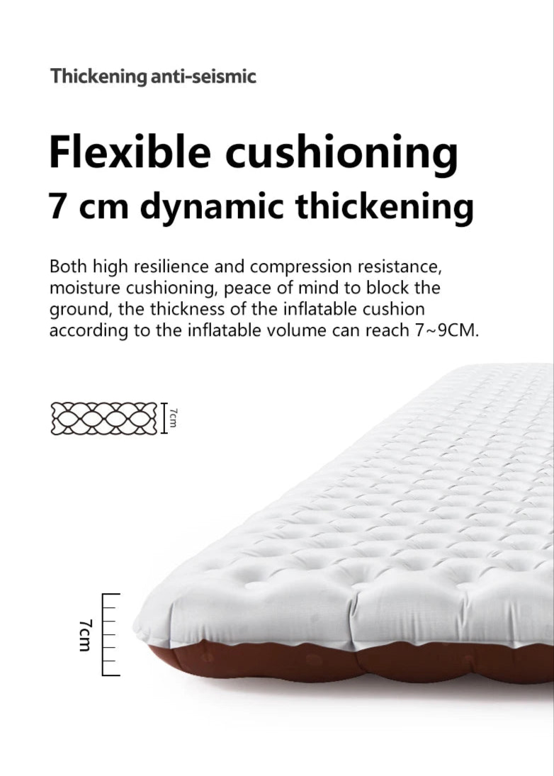 Inflatable mattress with text highlighting its thickening anti-seismic and flexible cushioning features.