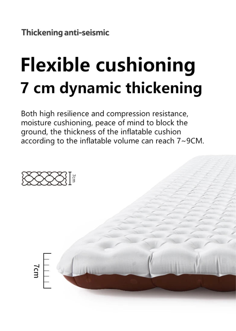 Inflatable mattress with text highlighting its thickening anti-seismic and flexible cushioning features.