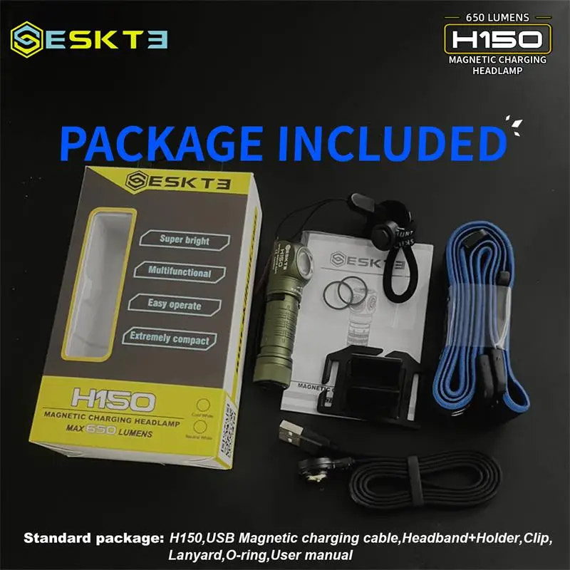 ESKTE H150 magnetic charging headlamp package with box, USB cable, headband, and user manual on a black background.