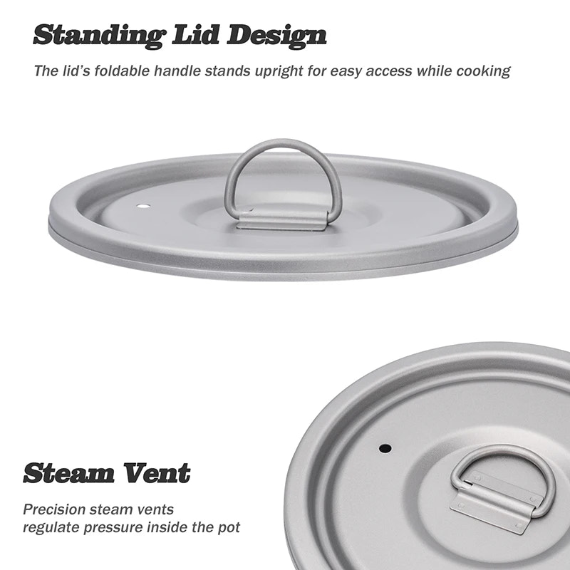 Gray pot lid with foldable handle and steam vent on a white background