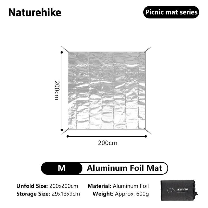 Aluminum foil mat with dimensions and product details on a white background