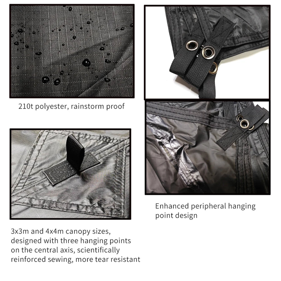 Collage of images showing features of a tarp with text describing material and design.