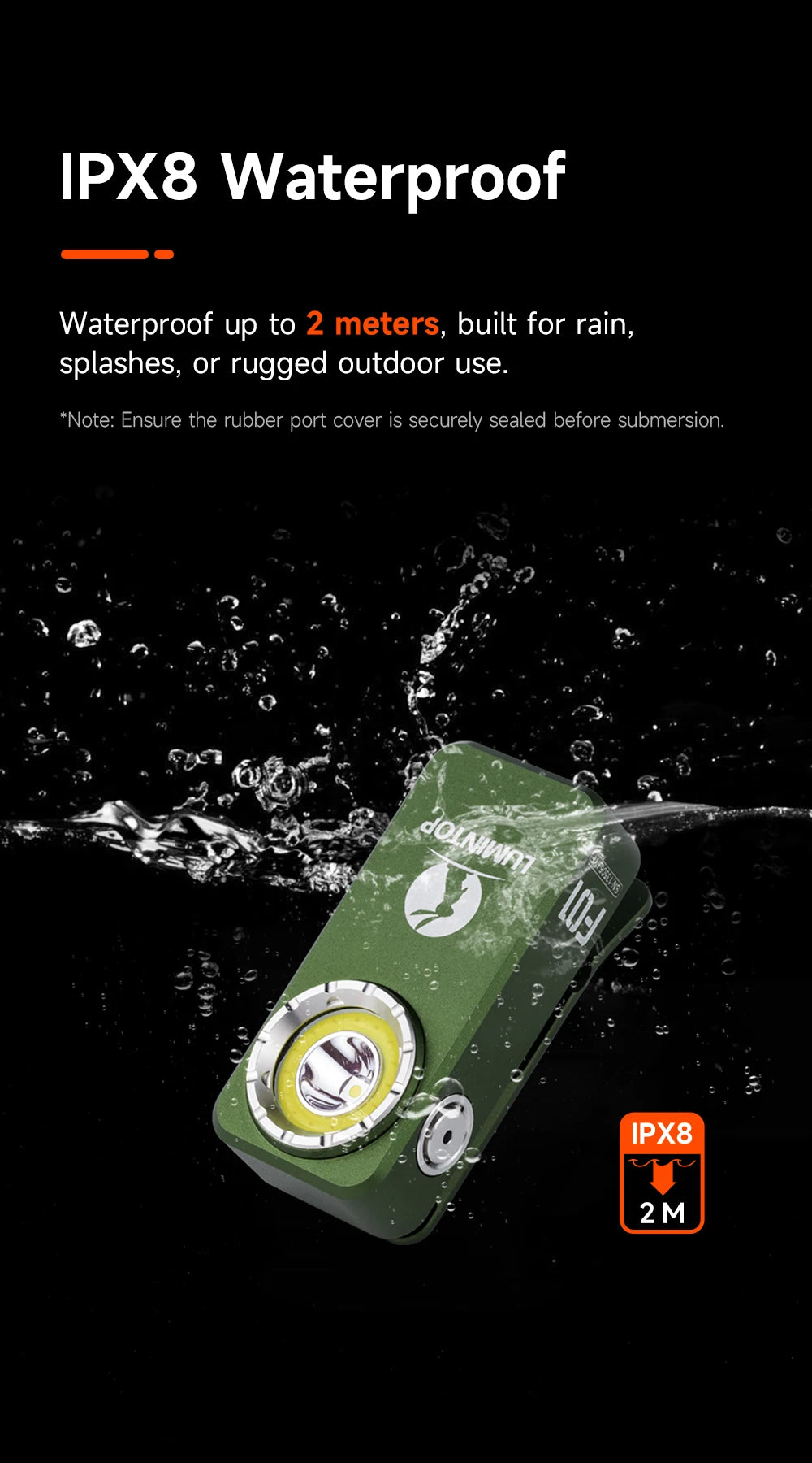 Green clip light with water splashes and IPX8 waterproof text on a black background