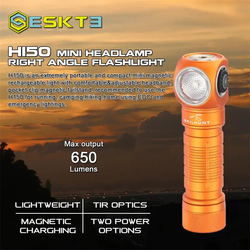 Orange headlamp with text about features and specifications on a sunset background