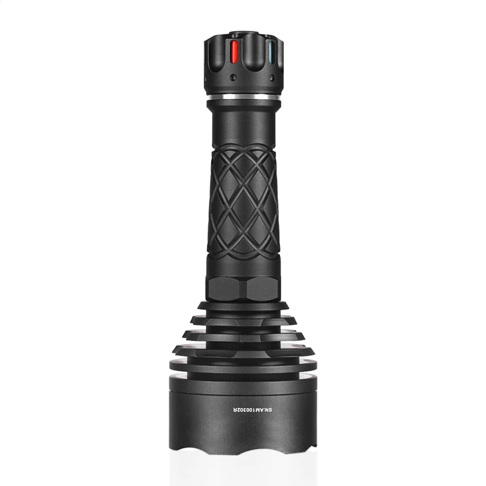 Black flashlight with textured grip on a white background