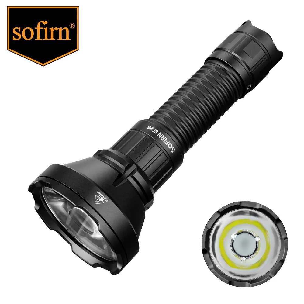 Black flashlight with close-up of lens and 'sofirn' branding on a white background