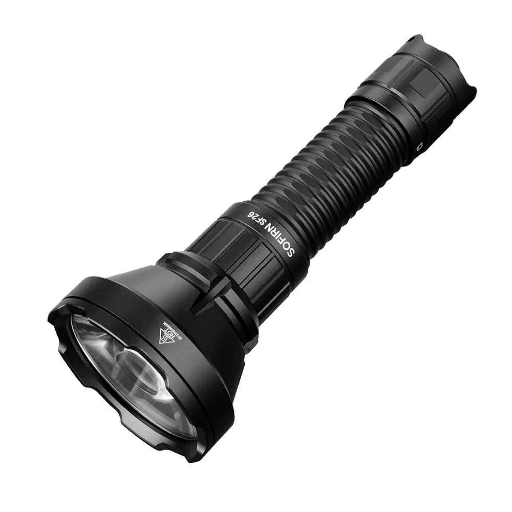 Black flashlight with visible brand logo on a white background