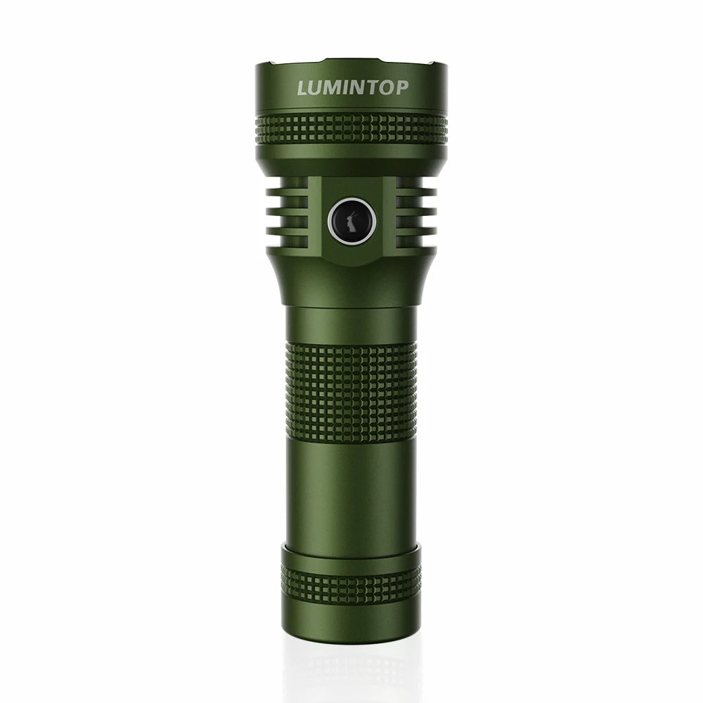 Green flashlight with 'Lumintop' branding on a white background