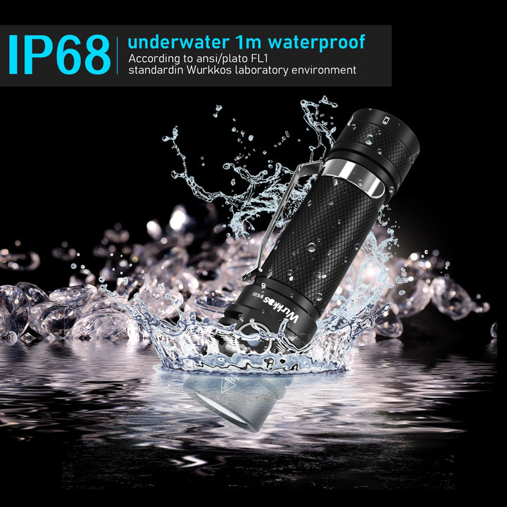 Black waterproof torch with water splashing around it, labeled IP68 underwater 1m.