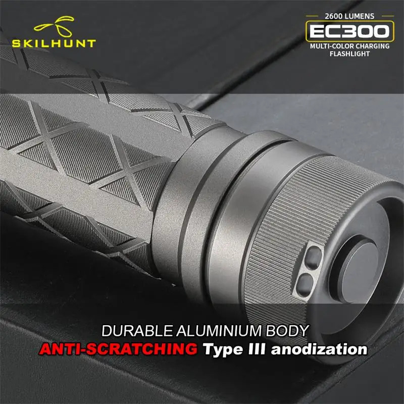 Skilhunt EC300 flashlight with durable aluminium body and anti- scratching features on a dark background.