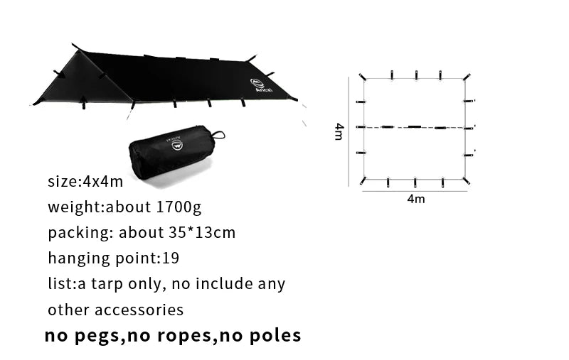 Black tarp with packaging and dimensions on a white background