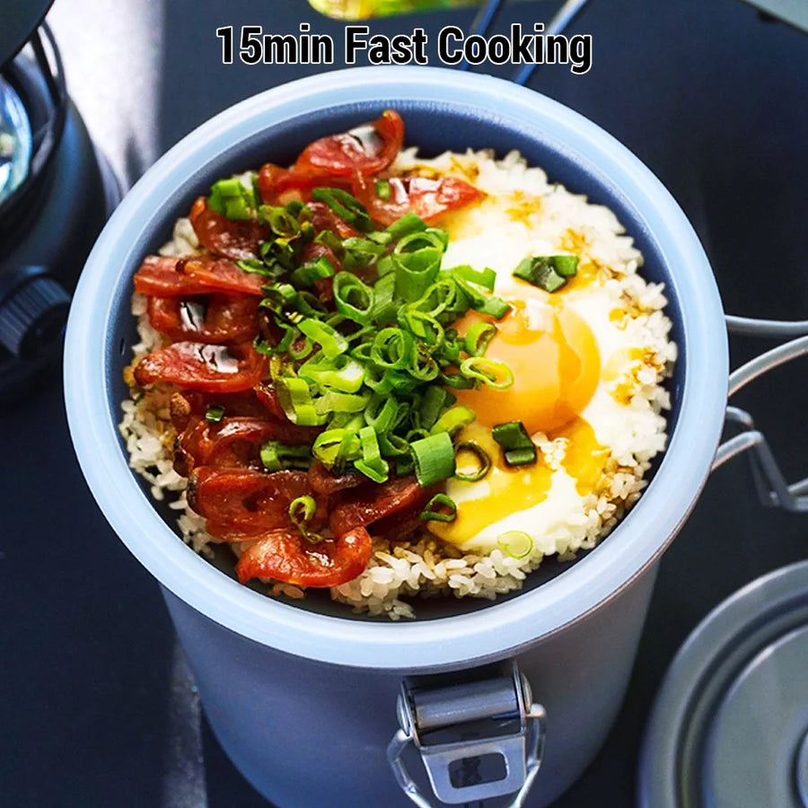 Container of food with an egg, tomatoes, and green onions on a dark background