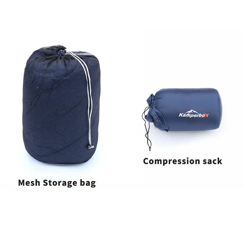 Two blue bags labeled 'Mesh Storage bag' and 'Compression sack' on a white background