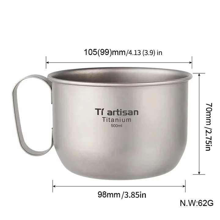 titanium mug with dimensions and weight displayed on a white background
