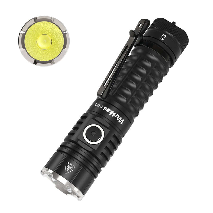 Black flashlight with yellow light on a white background