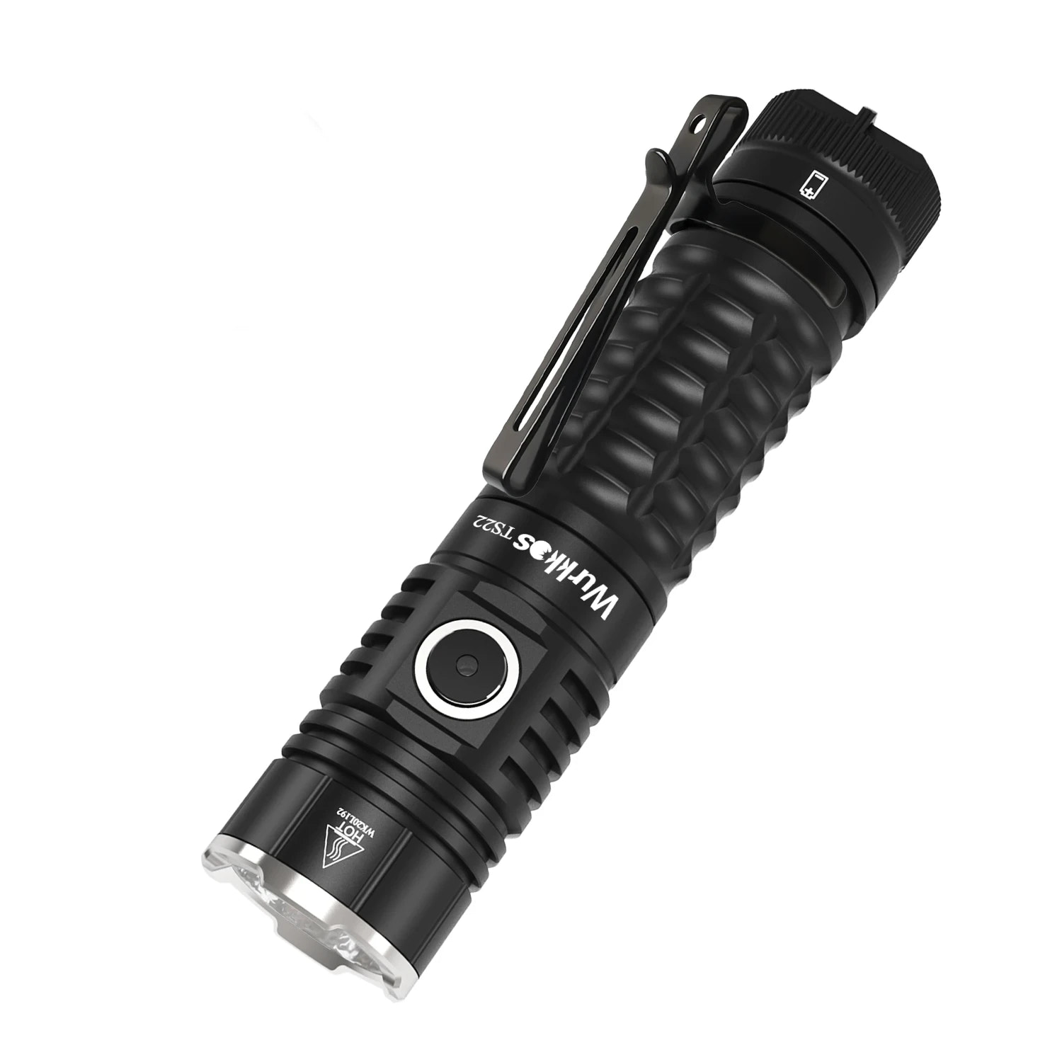 Black flashlight with visible brand logo on a white background