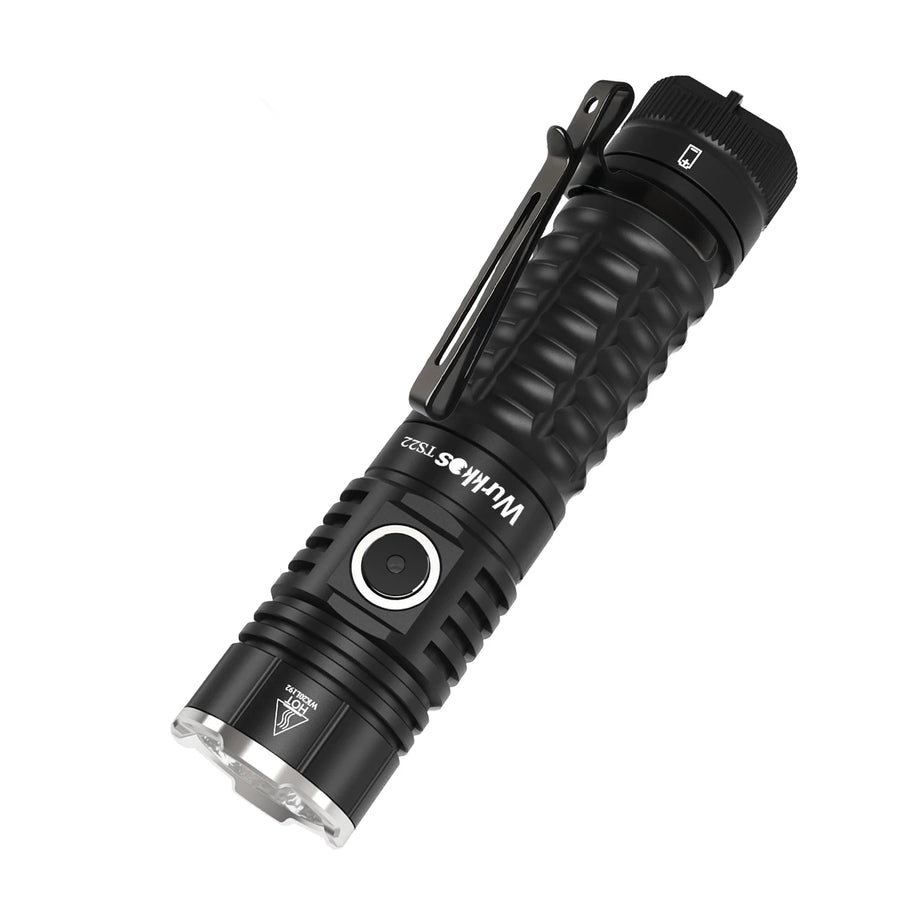 Black flashlight with visible brand logo on a white background