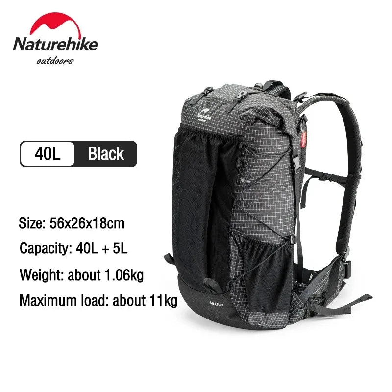 Black backpack with technical specifications on a white background, featuring the Naturehike brand.