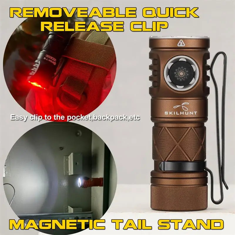 Brown flashlight with removable quick release clip and magnetic tail stand feature on a white background.