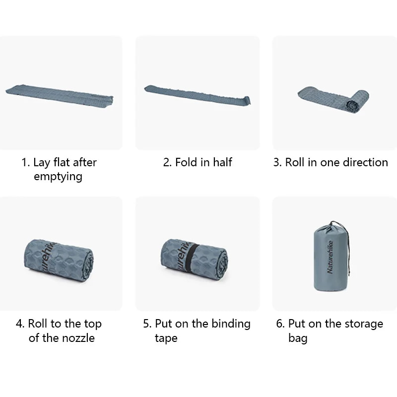 Step-by-step guide on how to fold and store a sleeping pad with text instructions.