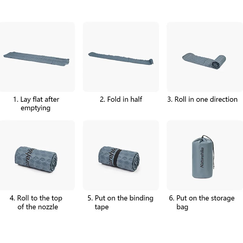 Step-by-step guide on how to fold and store a sleeping pad with text instructions.