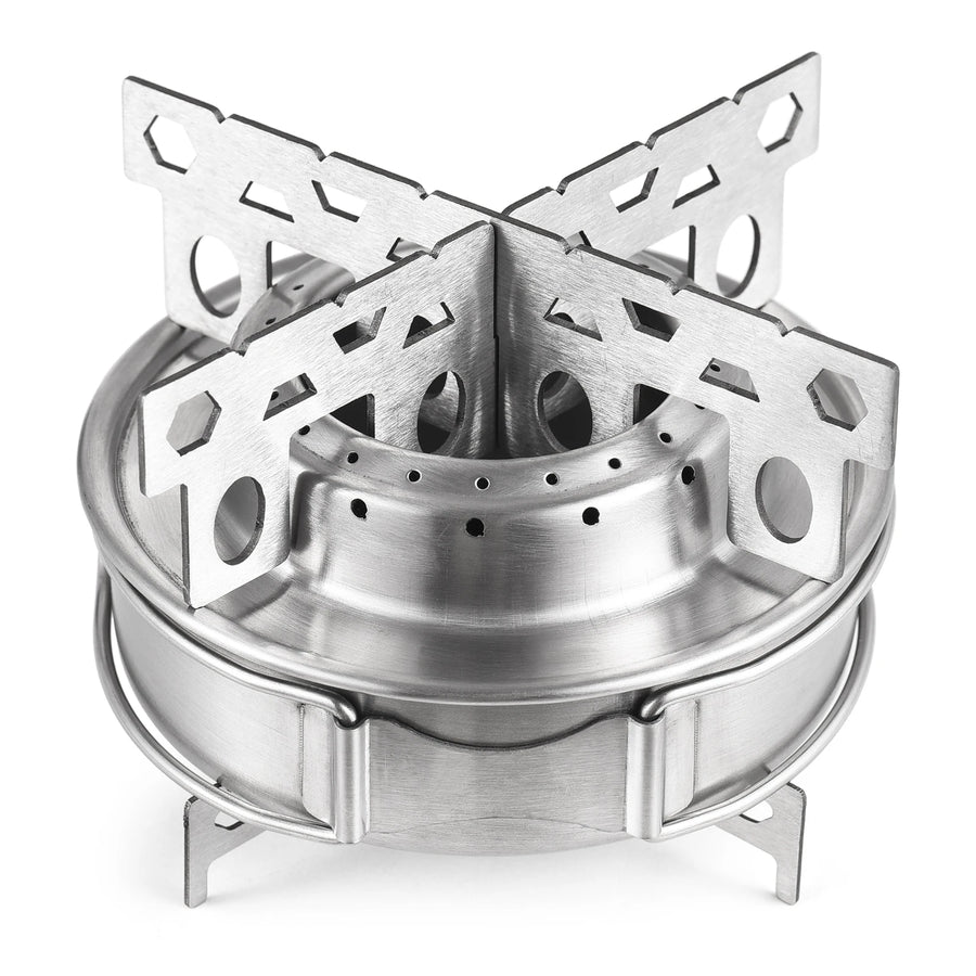 Metallic camping stove on a white background