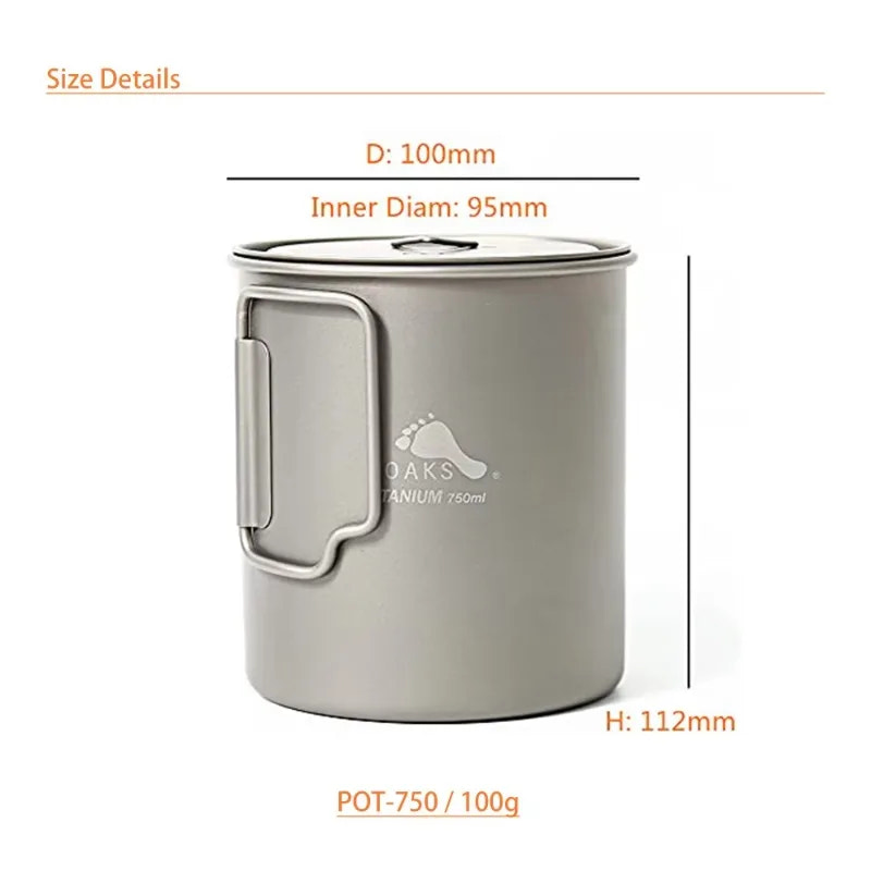 Titanium pot with dimensions and TOAKS Titanium logo on a white background