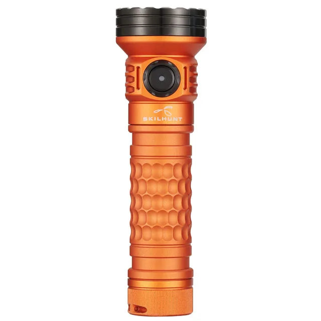 Orange flashlight with textured grip on a white background