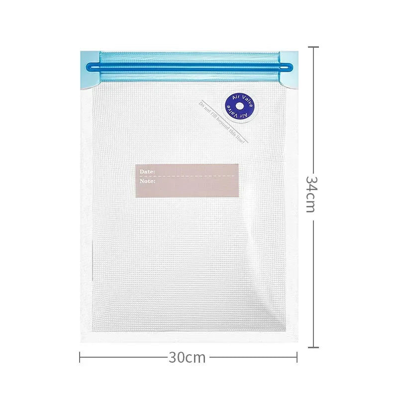 Clear plastic bag with blue zipper and dimensions labeled on a white background
