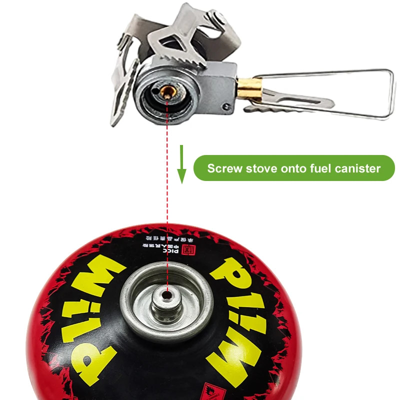 Instructions for attaching a camping stove to a fuel canister with a red and black fuel canister featuring yellow text.