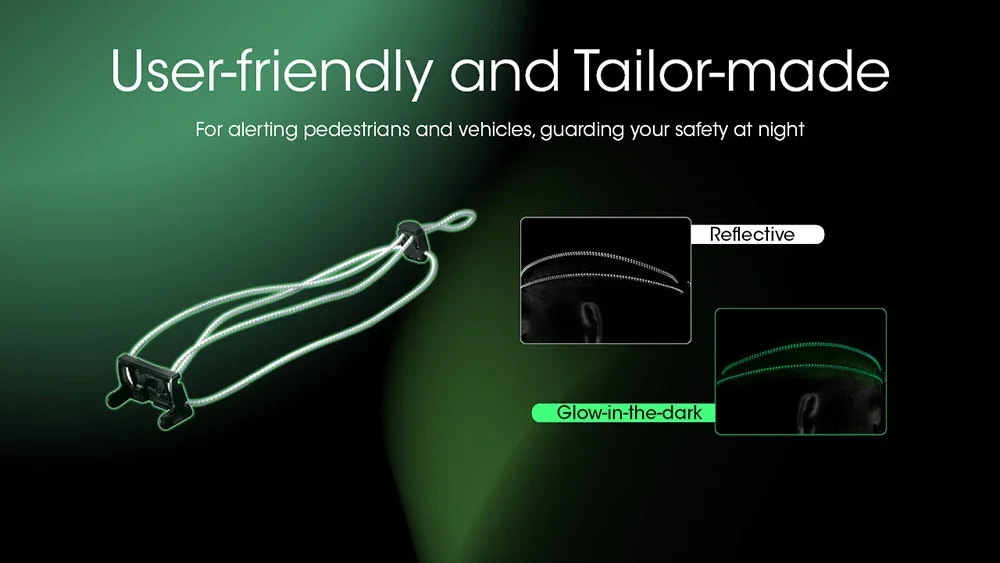 Glow-in-the-dark safety device with reflective feature on a green and black background