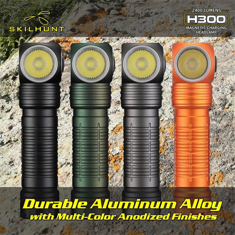 Four headlamps in black, green, gray, and orange on a rocky background with Skilhunt branding.